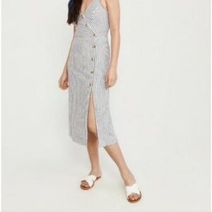 Abercrombie & Fitch Navy and White Striped Linen Cotton Midi Dress (Size M)